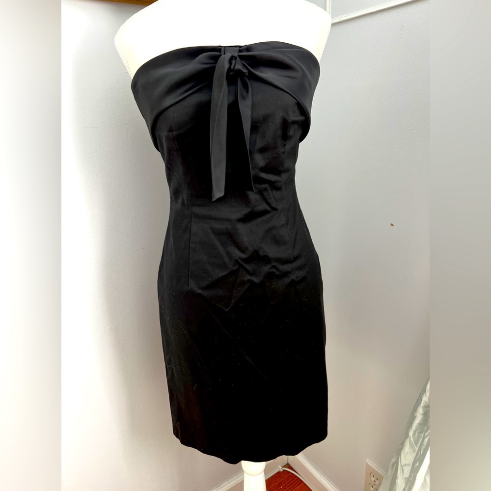 Black cocktail dress with satin ribbon tie in front by Karen Robertson